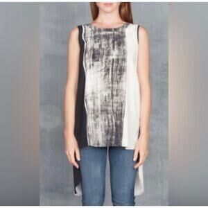 Go by Go Silk Womens Blouse Size Small Black White Abstract Long Tails Boho